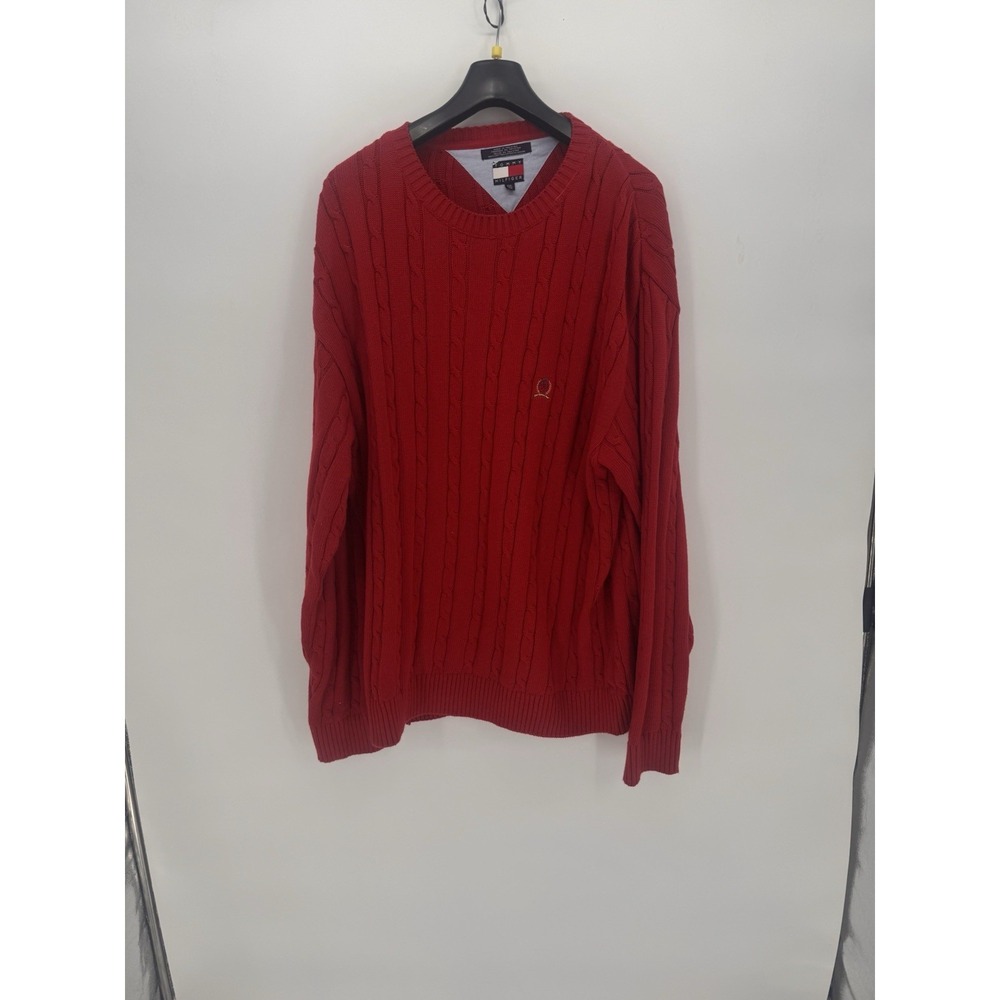 VTG Tommy Hilfiger Sweater Men XXL Red Cable Knit Grandpacore Preppy Academic